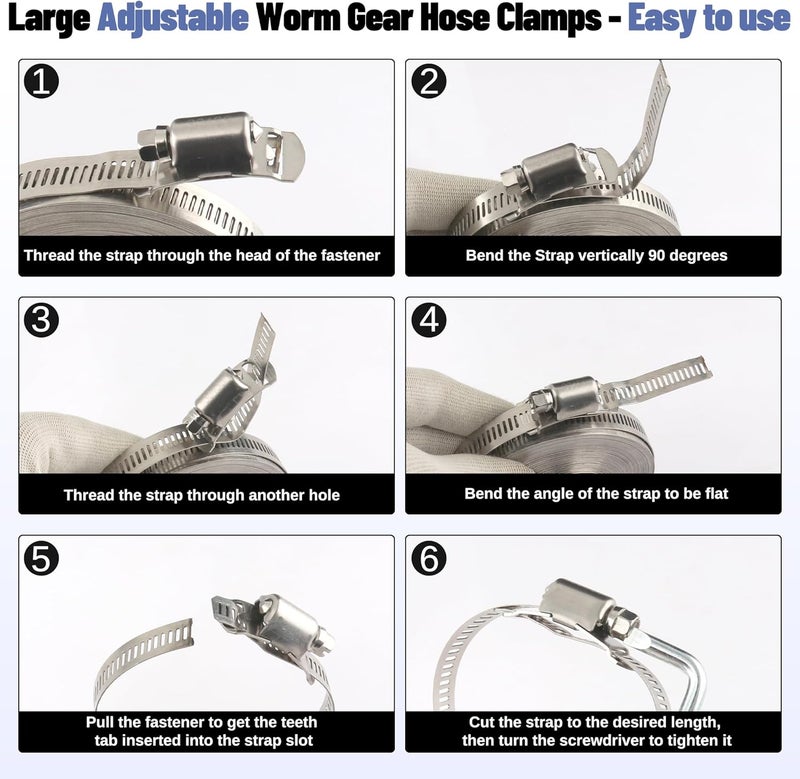 Ailbiuko Hose Clamps Assortment Kit, Worm Gear Duct Pipe Hose, 50FT 304 Stainless Steel Band Fittings Strap DIY Large Adjustable Metal Bolt with 24 Fasteners Screw for Plumbing Auto Tube Fuel Line - Image 2